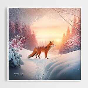 Fox‎ in the Snow Winter Landscape Watercolor Oil Painting Art Print